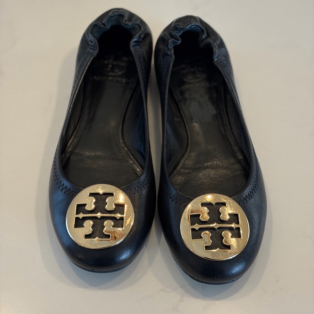 Tory Burch Black Flats with Gold Logo